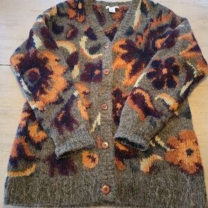Jillian Jones Artsy Cardigan, Green/gray/purple/gold floral, Soft Knit Mohair